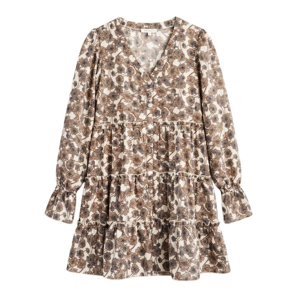 42. Promesa Floral Tiered Babydoll Mini Dress Long Sleeve Neutral Blue Small